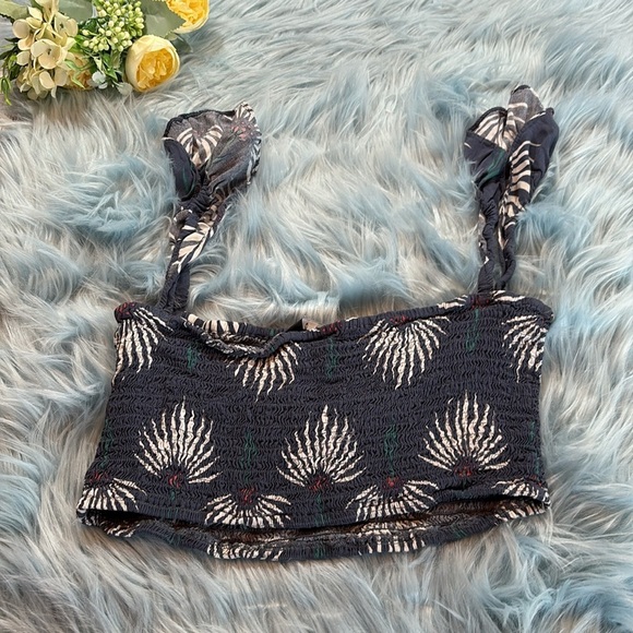 Lulus Trancoso Dusty Blue Floral Print Smocked Bandeau Top sz S - Picture 6 of 8